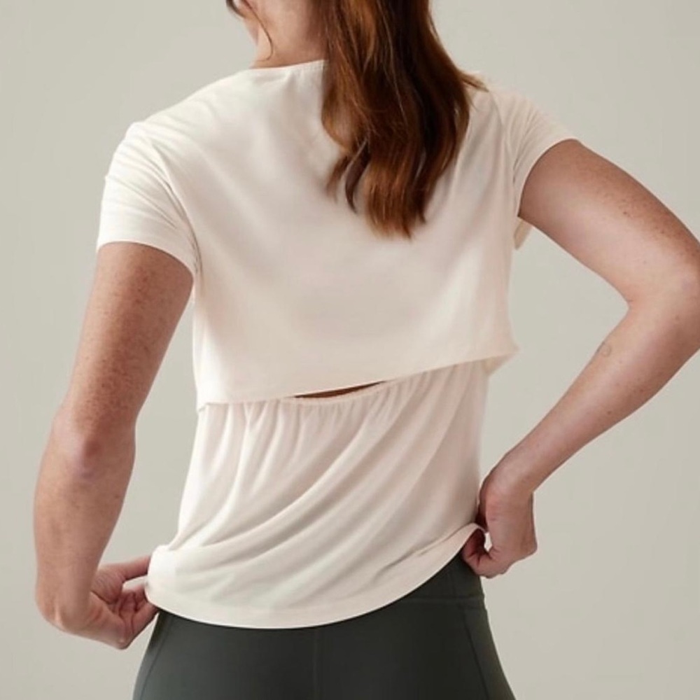 Athleta Cream Short Sleeve Layered Back Tee